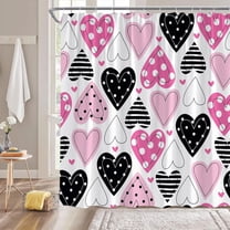 Valentines Heart Shower Curtain,Hot Pink Black Heart Dots Striped Sweet Modern Bathroom Home Curtain Decor with Hooks 36"W x 72"L (Pack of 1)
