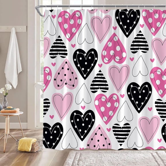 Valentines Heart Shower Curtain,Hot Pink Black Heart Dots Striped Sweet Modern Bathroom Home Curtain Decor with Hooks 36"W x 72"L (Pack of 1)