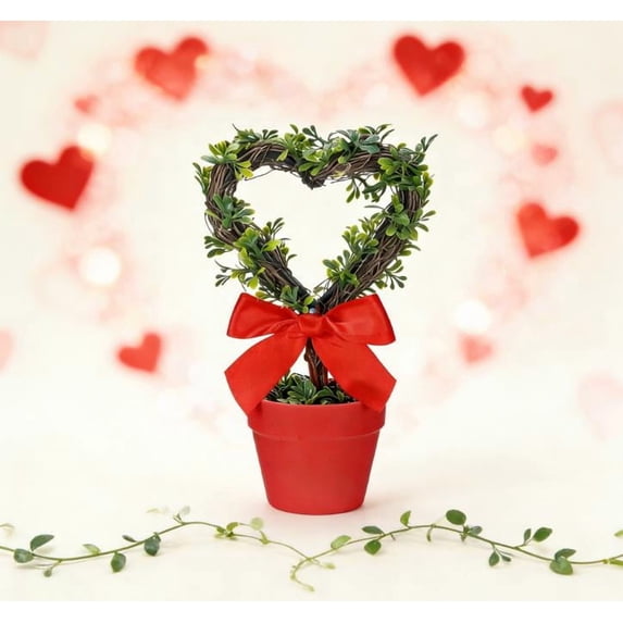Valentines Heart Topiary, 8 in Hollow-out Heart Topiary Plant Artificial with Pot, Valentines Day Decorations, Mini Faux Greenery for Indoor Outdoor Home Porch Office Tabletop Centerpiece Decor(Red)