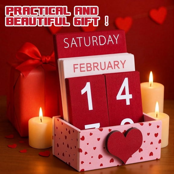 Valentines Heart Wood Block Perpetual Calendar Valentine's Day Desk Decor Month Week Date Display Decorative Block Calendar for Office Home Desk Gift