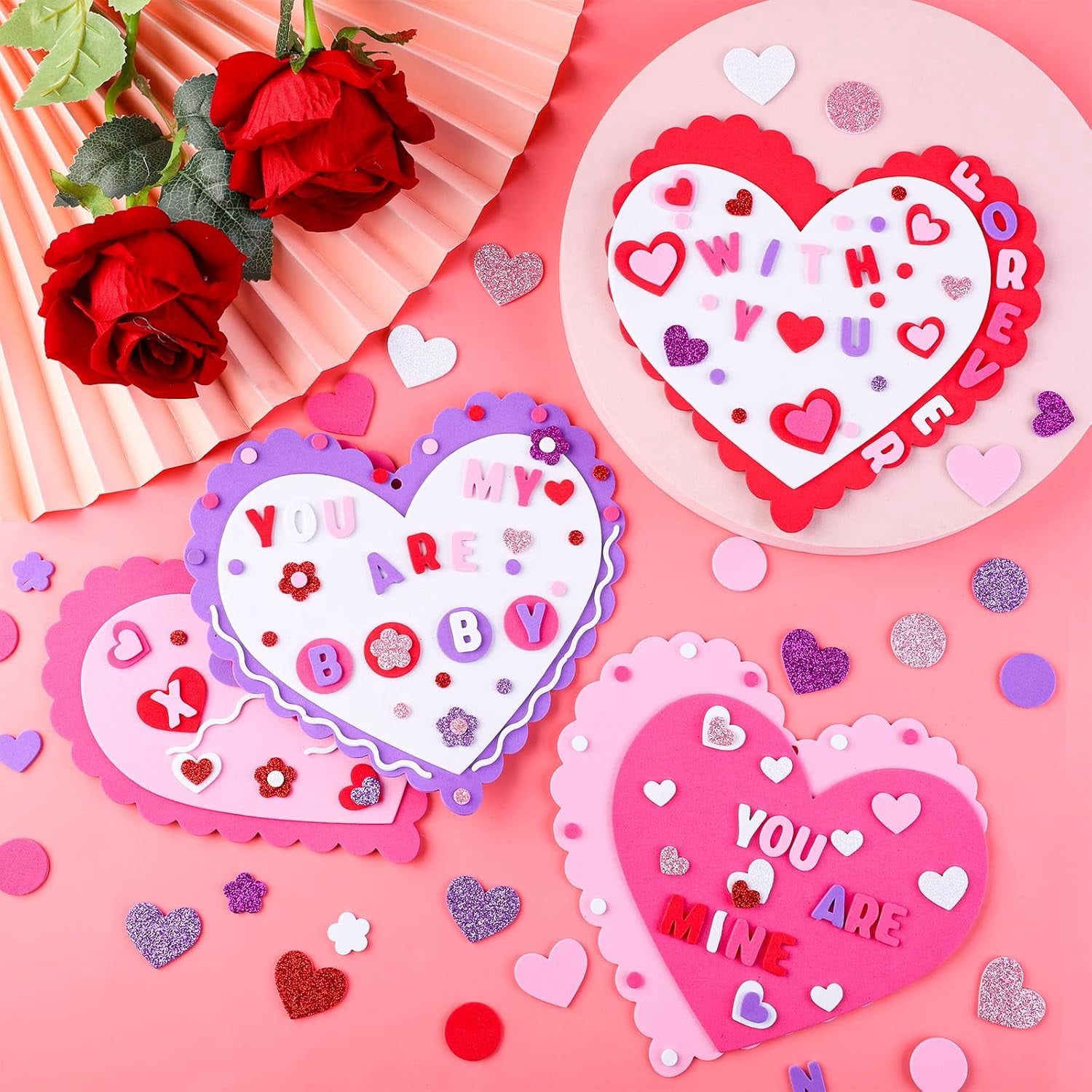 Valentines Hearts Foam Craft Set Include Colorful Hearts Foam and Self-Adhesive Heart Foam Stickers for Valentine's Day Craft DIY Supplies, Red