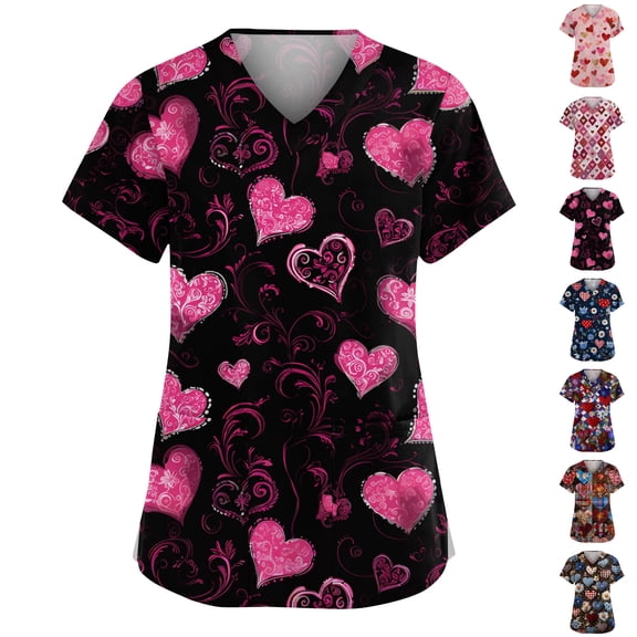 Valentines Holiday Scrubs Tops for Women Love Heart Print Working Nursing Uniforms Funny Cute Short Sleeve V Neck Tee Light Brown L