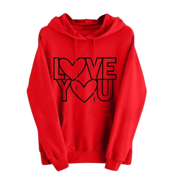 Valentines Hooded Sweatshirt Women Graphic Hoodie Love You Letter Heart Long Sleeve Drawstring With Pocket Plus Size Pullover Tops