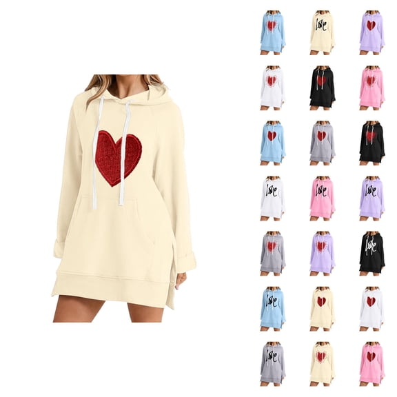 Valentines Hoodie Dress for Women Long Sleeve Side Slit Graphic Hooded Sweatshirt with Pockets Pullover Tops
