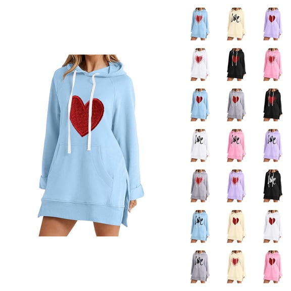 Valentines Hoodie Dress for Women Long Sleeve Side Slit Graphic Hooded Sweatshirt with Pockets Pullover Tops