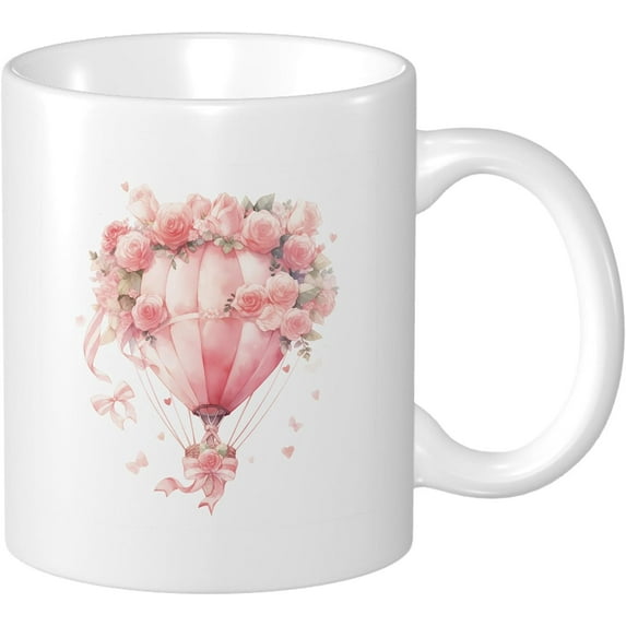 Valentines Hot Drinks Coffee Mug Gift Air Balloon Floral Romantic Pretty Pink And White Ceramic Unspillable Reusable Insulated School Family Pantry Office Mug Anniversary Decorative 11 Ounce