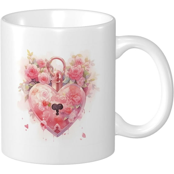 Valentines Hot Drinks Coffee Mug Gift Romantic Floral Lock Elegant Pretty Sweet Honey Pink Ceramic Unspillable Reusable Insulated School Family Pantry Office Mug Anniversary Decorative 11 Ounce
