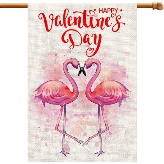 Valentines House Flag 12x18 Double Sided Burlap, Flamingo Love Valentines Day Yard Outdoors Decorations DF421-28