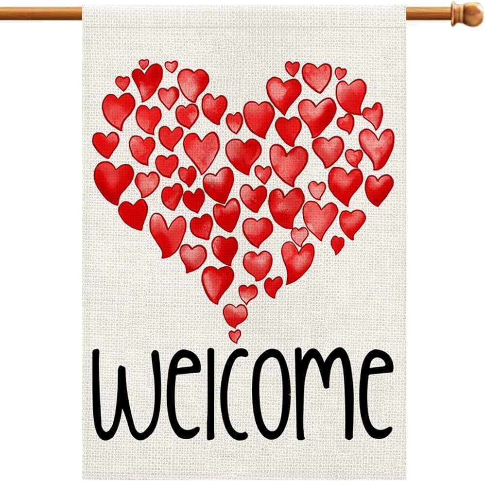 Valentines House Flag Burlap 28x40 Inch Double Sided, Red Love Heart ...