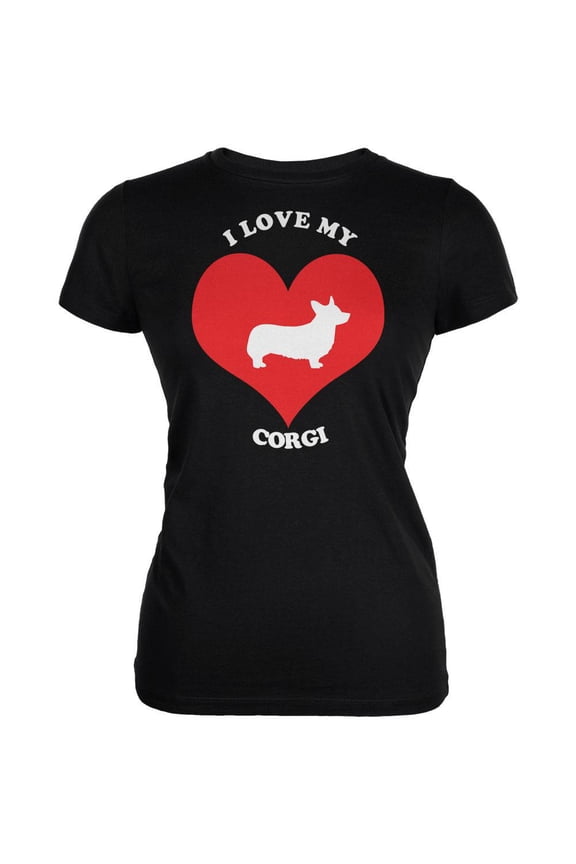 Valentines I Love My Corgi Black Juniors Soft T-Shirt - Large