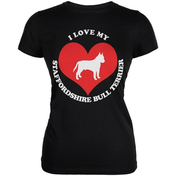 Valentines I Love My Staffordshire Bull Terrier Black Juniors Soft T-Shirt - Small
