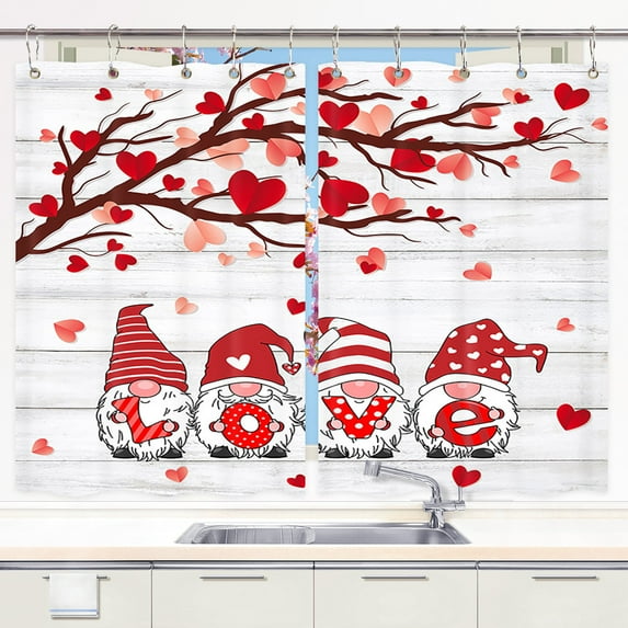 Valentines Kitchen Curtains, Valentine's Day Valance Curtains, Red Flower Farm Truck Love Balloon Window Treatment Valances for Bedroom Bathroom Laundry Room Fabric 2 Panels 21 x 45 Inch