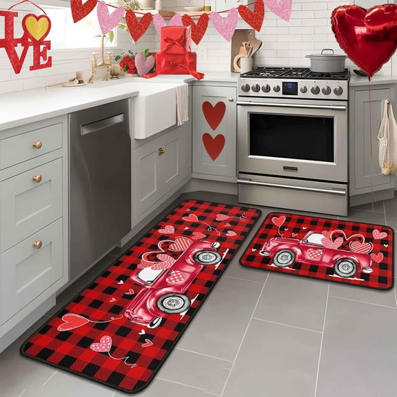 Valentines Kitchen Rugs and Mats Set of 2, Valentine Decor Non Slip Backing Valentines Day Kitchen Mat Valentines Decorations for Home Low-Profile Kitchen Floor Mat 17"X47"+17"X30"