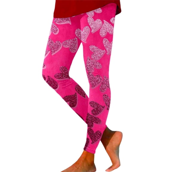 Valentines Leggings Women Festive Floral Print Tummy Control Pants Full Length Stretchy Sports Yoga Activewear Compression Leggings Hot Pink M