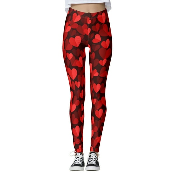 Valentines Leggings Women Heart Print High Waist Tummy Control Pants Full Length Running Stretchy Sports Yoga Workout Leggings W L