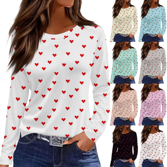 Valentines Loose Fit Tops for Women Slit Hem Round Neck Long Sleeve Heart Print Casual Blouses Pullover Shirts Pink M