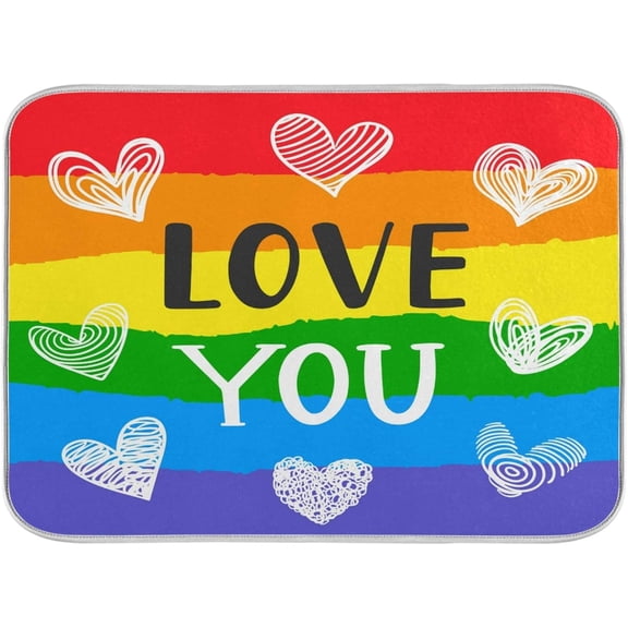 Valentines Love Dish Drying Mat Large LGBT Rainbow for Kitchen Counter Decor 18x24 inch, Super Absorbent Gay Pride Dish Draining Mats Dry Pad with Loop for Countertop Sink
