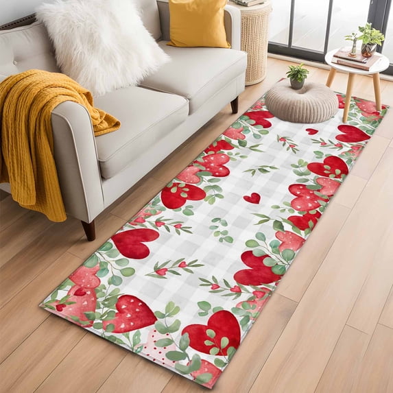 Valentines Love Heart 2'x6' Runner Rugs for Hallway Kitchen Bedside Non Slip, Eucalyptus Red Love Heart Grey Plaid Entryway Rug Runners with Rubber Backing, Long Carpet Runner for Laundry Room