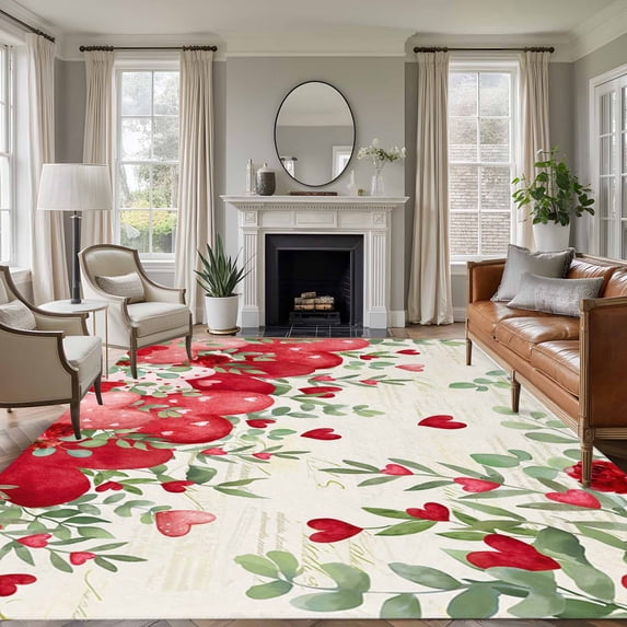 Valentines Love Heart Area Rugs 6'x9', Washable Small Throw Rugs for Kitchen Dining room, Red Eucalyptus Botanical Retro Indoor Outdoor Rug Non-Slip Low Pile Carpet Runner Reversible Floor Mats