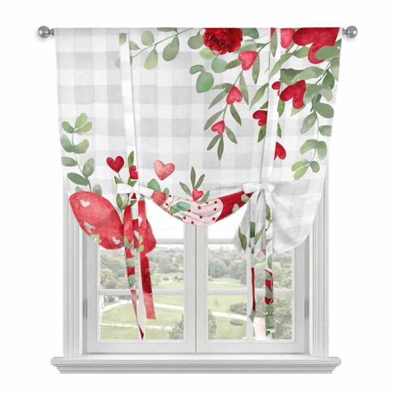Valentines Love Heart Balloon Curtains for Living Room/French Door, Red Eucalyptus Botanical Grey Plaid Tie Up Curtains 63 Inch Length Energy Saving Kitchen Curtains Shades for Windows 42"x63"