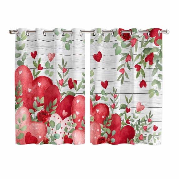 Valentines Love Heart Kitchen Curtains Window Panels, Red Eucalyptus Botanical Vintage Insulated Window Treatment Curtain, Grommet Curtains for Bedroom/Living Room/Bathroom, 2 Piece 52"Wx72"L