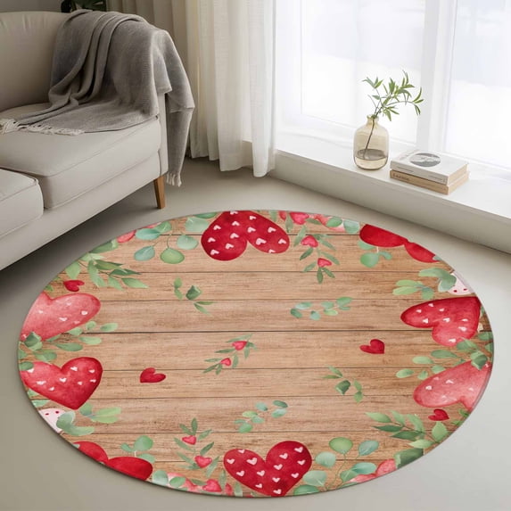 Valentines Love Heart Round Area Rug 4Ft Washable Circle Rugs for Bedroom Dining Room, Eucalyptus Red Love Heart Wooden Non-Slip Carpet Floor Mats Indoor Outdoor Carpet Runner Aesthetic Home Decor