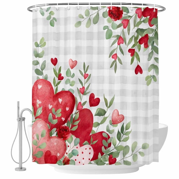 Valentines Love Heart Shower Curtain Set - 48" x 72" Washable Bathtub Curtain with 12 Hooks, Red Eucalyptus Botanical Grey Plaid Waterproof Fabric Stall Shower Curtains for Bathroom/Bathtub Décor