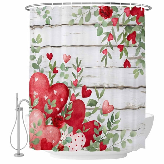 Valentines Love Heart Shower Curtain, Waterproof Shower Curtains for Bathroom, Retro Red Eucalyptus Botanical Washable Fabric Bathtub Curtain Set Bath Decor with 12 Hooks Long 72"x84"