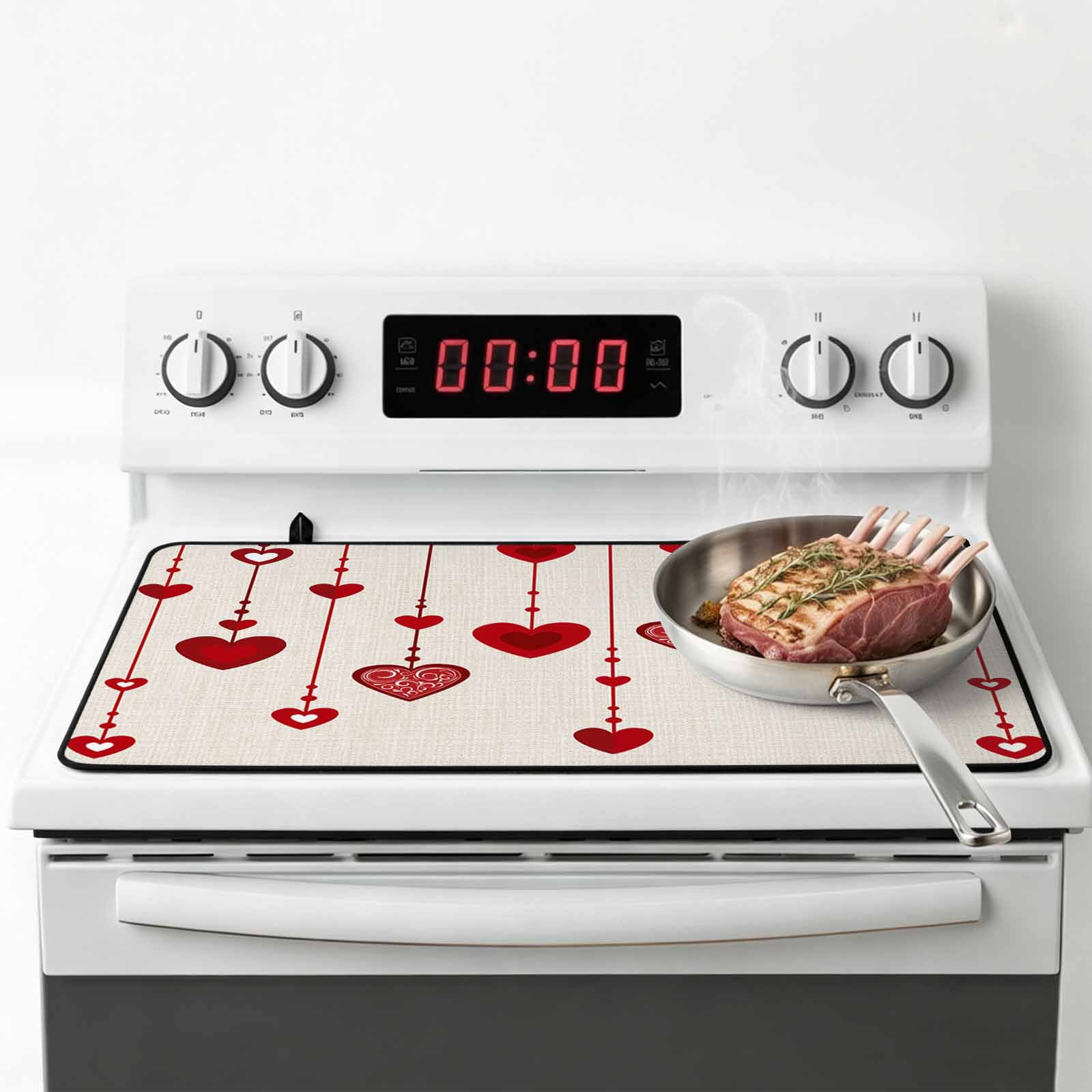 Valentines Love Heart Stove Top Cover for Electric Stove, Heat-proof & Non Slip Glass Top Stove Cover Protector, Red Love Heart Rustic Burlap Kitchen Flat Cooktop Rubber Mat 24x21 Inches