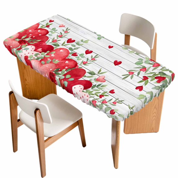Valentines Love Heart Table Cloths for 3 Foot Rectangle Tables, Red Eucalyptus Botanical Vintage Patio Waterproof Elastic Fitted Tablecloths, Washable Rectangular Table Cover for Camping