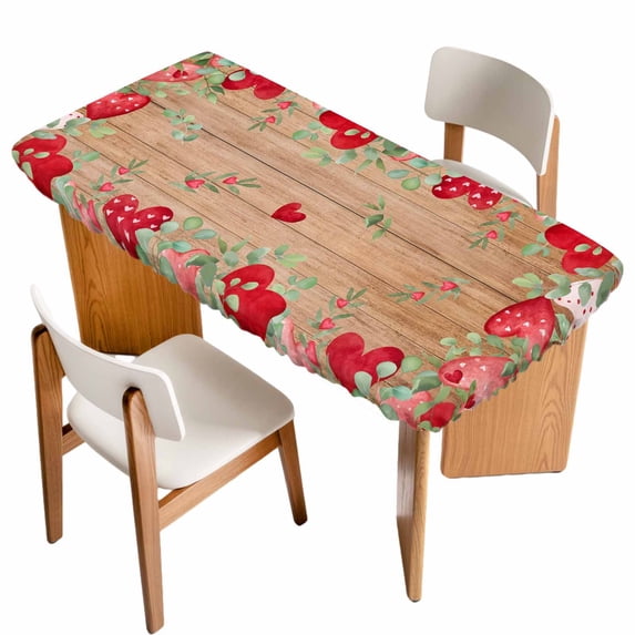 Valentines Love Heart Table Cloths for 4 Foot Rectangle Tables, Eucalyptus Red Love Heart Wooden Patio Waterproof Elastic Fitted Tablecloths, Washable Rectangular Table Cover for Camping