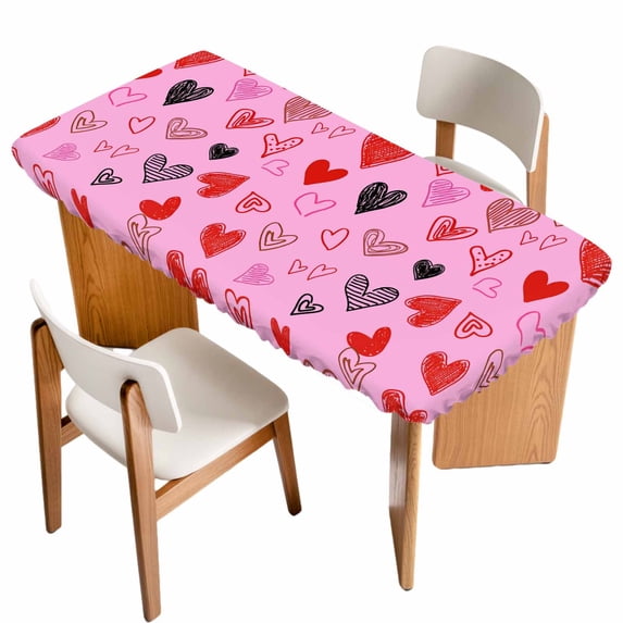 Valentines Love Heart Table Cloths for 4 Foot Rectangle Tables, Romantic Pink Red Black Patio Waterproof Elastic Fitted Tablecloths, Washable Rectangular Table Cover for Camping