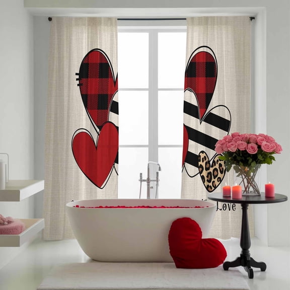 Valentines Love Hearts on Burlap Chiffon Sheer Curtains 96 Inches Long, Lattice Stripe Leopard Sweetheart 2 Rod Pocket Window Treatment Voile Drapes Curtains for Living Room Bedroom,2 Panels, 52x96In
