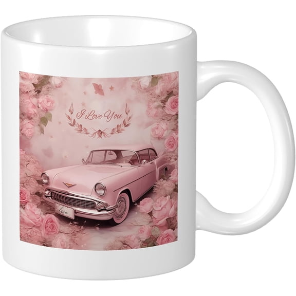 Valentines Mug Anniversary Decorative Car Rose Flower Pretty Romantic Sweet Honey Pink Ceramic Insulated Unspillable Reusable Office Outdoor Gym Home Desk Hot Drinks Coffee Mug Gift 11 Ounce