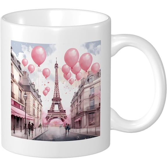 Valentines Mug Anniversary Decorative Romantic Balloon Eiffel Tower Paris Road Pink And White Ceramic Insulated Unspillable Reusable Office Outdoor Gym Home Desk Hot Drinks Coffee Mug Gift 11 Ounce