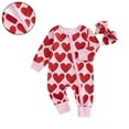 thumbnail image 1 of Valentines Outfit Baby Girl Long Sleeve Heart Print Zipper Romper Jumpsuit with Headband Set Cute Baby Girl Clothes Girl Outfit 3-6 Months, 1 of 9