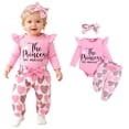 thumbnail image 1 of Valentines Outfit Baby Girl Long Sleeve Letter Print Ruffle Romper Bodysuit Pants and Headband Set Cute Baby Girl Outfit Clothes for 6-9 Months Old Girl, 1 of 9
