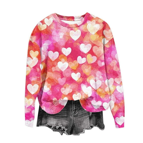 Valentines Outfits for Women Love Heart Print Sweatshirts Crewneck Graphic Sweatshirt Valentines Day Long Sleeve Shirts Cute Spring Tops
