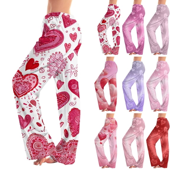 Valentines Pajama Pants for Women Love You Patterned Drawstring Pajamas Graphtic Pink Red Loose Trendy Buttoms Wide Straight Leg Letter Printed Romantic Lovely Heart Pjs White L