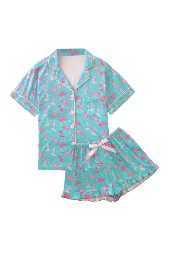 Valentines Pajamas Cozy Cute Graphic Printed Short Sleeve Lapel Shirts Wide Leg Shorts Sleepwear Set with Bow Tie Lightweight Homewear for Valentine’S Day A-Sky Blue L