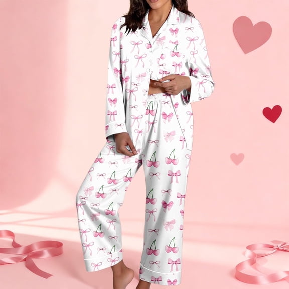 Valentines Pajamas Cute Heart Print Long Sleeve Button Down Womens Cotton Matching Sleepwear Set