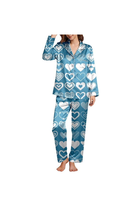 Valentines Pajamas For Women Valentine Day Outfit Silk Satin Pj Set Cute Bow Heart Print Button 2 Piece Sleepwear
