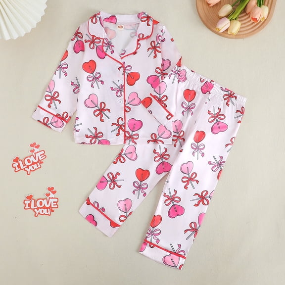 Valentines Pajamas Girls Christmas Satin Silk Pajamas Button Down Heart Print Summer Fall Sleepwear Jammies 2 Piece Pajama Set Girls Pjs Nightgown Nightwear Loungewear 2-8Y Red,120=5-6Y