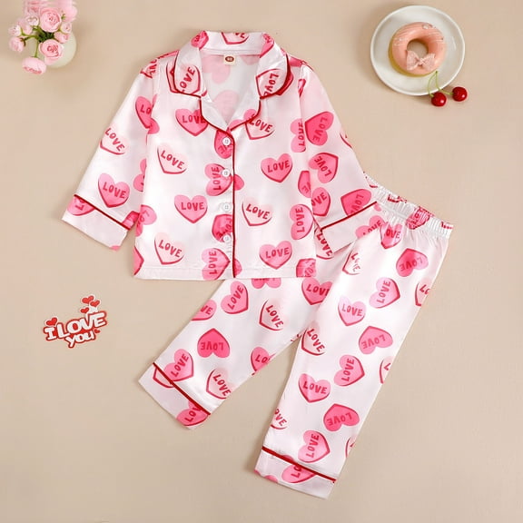 Valentines Pajamas Girls Christmas Satin Silk Pajamas Button Down Heart Print Summer Fall Sleepwear Jammies 2 Piece Pajama Set Girls Pjs Nightgown Nightwear Loungewear 2-8Y Pink,120=5-6Y