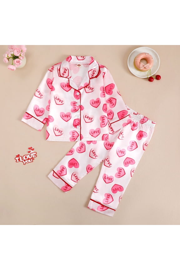 Valentines Pajamas Girls Christmas Satin Silk Pajamas Button Down Heart Print Summer Fall Sleepwear Jammies 2 Piece Pajama Set Girls Pjs Nightgown Nightwear Loungewear 2-8Y Pink,100=2Y