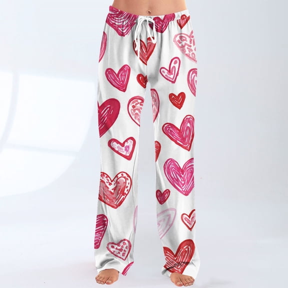 Valentines Pajamas Pant for Women Heart Funny Holiday Love Heart Pj Pants Drawstring Jogger Wide Leg Athletic Pants