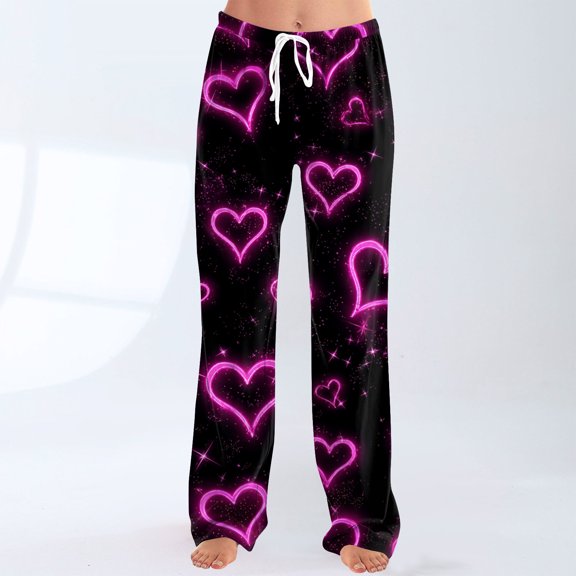 Valentines Pajamas Pant for Women Heart Print Soft Lounge Pants Wide Leg Elastic Waist Comfy Relaxed Fit Pants
