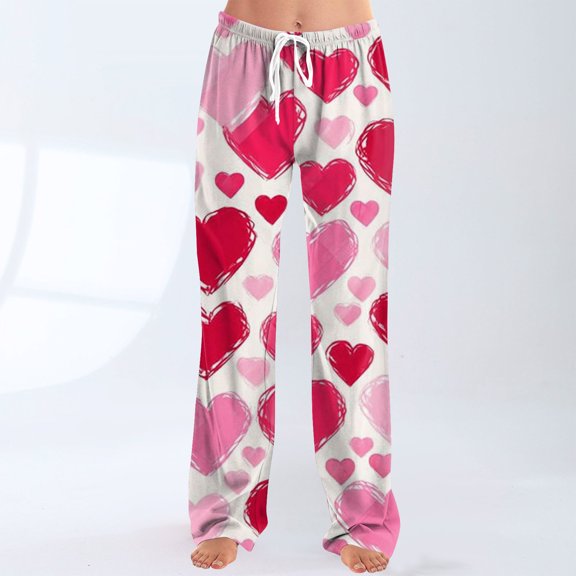 Valentines Pajamas Pant for Women Holiday Elastic Waist Cute Valentine's Day Pajama Pants Drawstring Jogger Wide Leg Athletic Pants