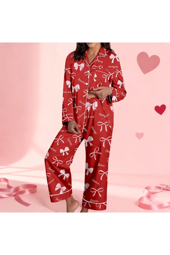 Valentines Pajamas Two Piece Set Silk Pj Valentines Printed Long Sleeve Pj Set Women Loungewear Set Gifts For Valentines Day
