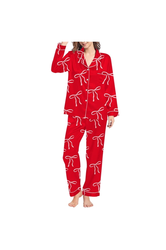 Valentines Pajamas For Women Set Casual Loose Cozy Cardigan Bow Print Collar Long Sleeve Button Up Loungewear Soft Two Piece Holiday Sleepwear With Pockets Red XXL
